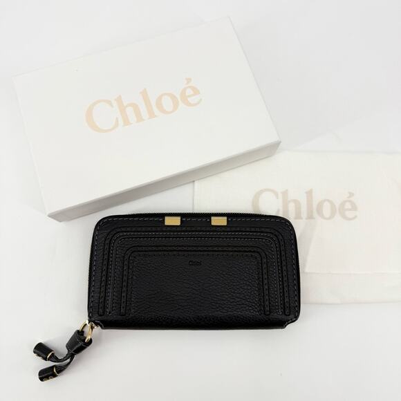 CHLOE Grained Calfskin Marcie Long Zip Around Wallet Textured Black Leather - Picture 1 of 13